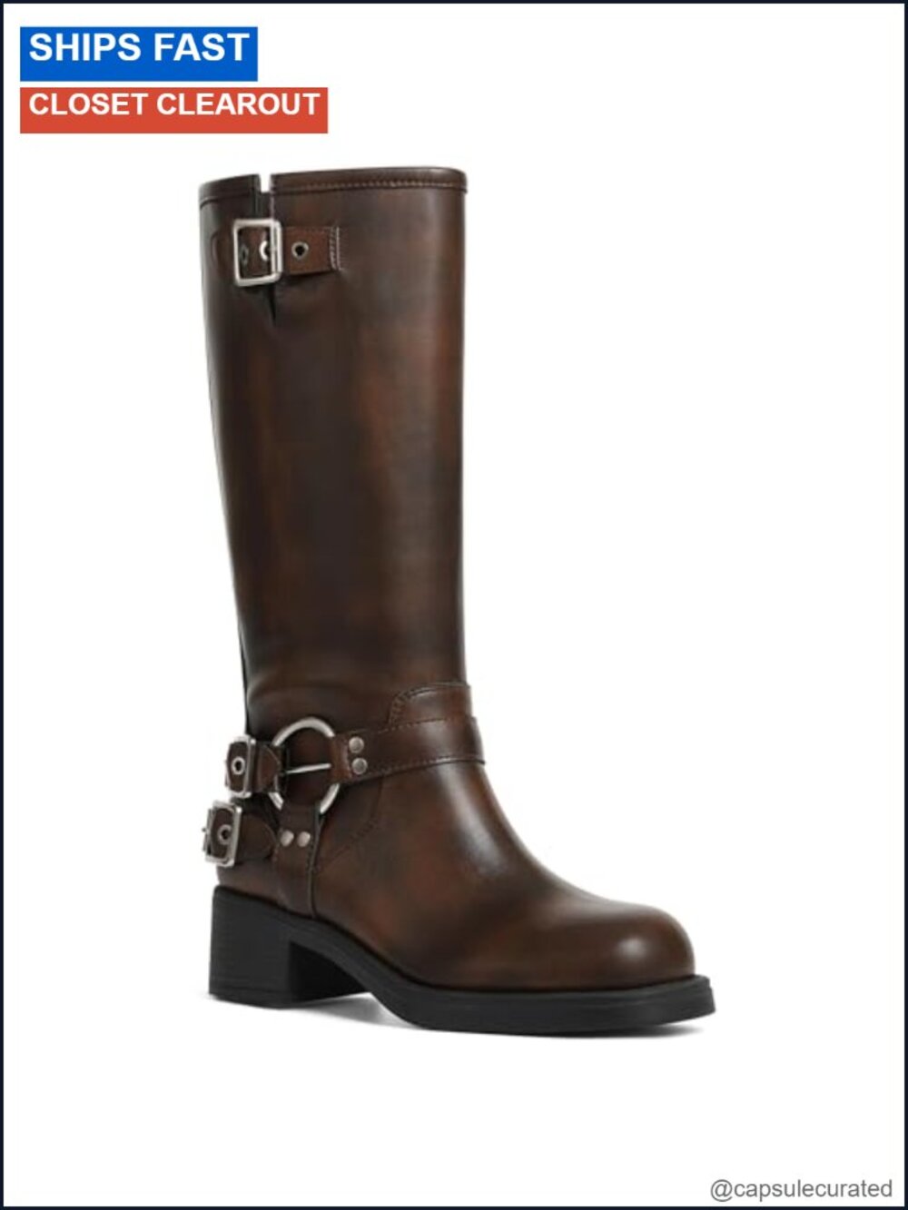 Knee High Moto Biker Boots Women Square Toe Block Heel Combat Boots